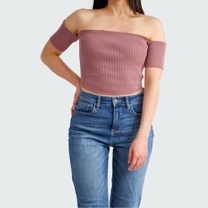 Dusty Pink Ribbed Off The Shoulder Crop Top